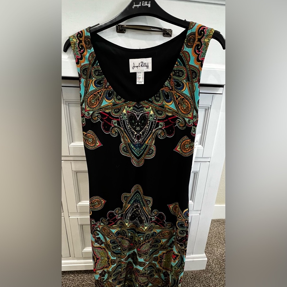 NWT Joseph Ribkoff Black Midi Dress with Teal and Gold Paisley